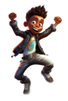 Preto criança Garoto dançando, pulando dentro alegria levantando mãos e rindo, isolado ilustração, desenho animado estilo personagem, transparente fundo png