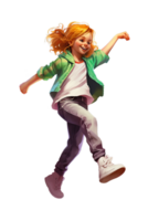 Ai Generated white kid girl dancing, jumping in joy raising hands and laughing, isolated illustration, transparent background png