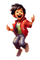 AI Generated Asian kid boy dancing, jumping in joy raising hands and laughing, isolated illustration, cartoon style character, transparent background png