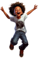 Black kid boy dancing, jumping in joy raising hands and laughing, isolated illustration, cartoon style character, transparent background png