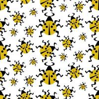 Seamless pattern with yellow ladybugs on a white background. Vector flat illustration. Abstract, geometric insect with legs and wings in different sizes are spreading in different directions