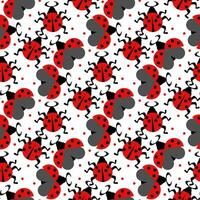 Seamless pattern with red ladybugs on a white background. Vector flat illustration. Abstract, geometric insect with legs and wings in an ornament with dots, spreading in different directions