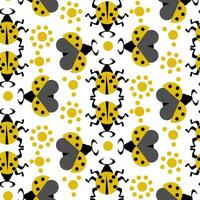 Seamless pattern with yellow ladybugs on a white background. Vector flat illustration. Abstract, geometric insect with legs and wings in an ornament with dots, spreading in different directions