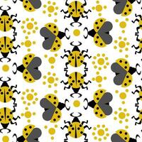 Seamless pattern with yellow ladybugs on a white background. Vector flat illustration. Abstract, geometric insect with legs and wings in an ornament with dots, spreading in different directions