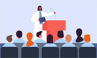 Cartoon pharmacist giving presentation on seminar. Doctor making announcement to audience flat vector illustration. Healthcare, medicine, meeting concept