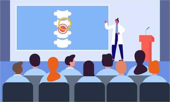 Cartoon pharmacist giving presentation on seminar. Doctor making announcement to audience flat vector illustration. Healthcare, medicine, meeting concept