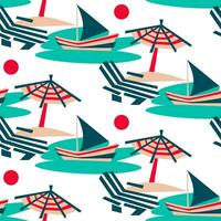 Summer seamless vector pattern. Vintage colors, view of the Riviera beach. Sun loungers, umbrellas, beach, sunset sea, sail, boat on a white background. Texture in the theme of relaxing on the beach