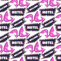 The pattern is a motel sign with an arrow in pink colors. A glowing sign on a white background with glare from light bulbs. Repeating seamless background with directions vector