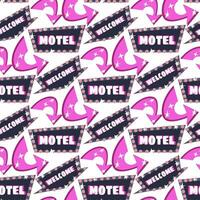 The pattern is a motel sign with an arrow in pink colors. A glowing sign on a white background with glare from light bulbs. Repeating seamless background with directions vector