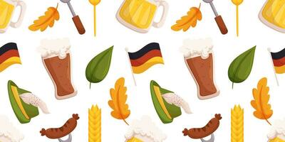 Seamless pattern with German beer festival objects such a German flag, wheat, tyrolean hat, different leaves, glass of dark and light beer vector