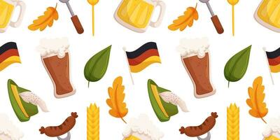 Seamless pattern with German beer festival objects such a German flag, wheat, tyrolean hat, different leaves, glass of dark and light beer vector