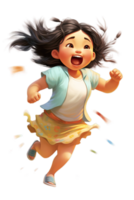 Ai Generated white kid girl dancing, jumping in joy raising hands and laughing, isolated illustration, transparent background png