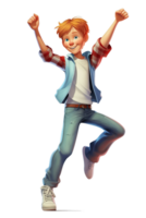 Ai Generated white kid boy dancing, jumping in joy raising hands and laughing, isolated illustration, transparent background png