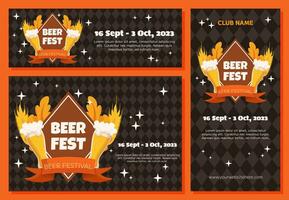 Beer festival background, vertical and horizontal banner collection. Design with glass of beer, wheat and leaves, banner ribbon. Rhombus pattern on back vector