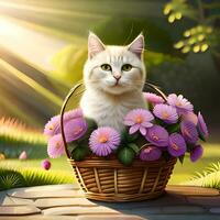 Cute kitten in a flower basket, vector cartoon illustration. in a garden or park sunset timie photo