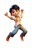 AI Generated Asian kid boy dancing, jumping in joy raising hands and laughing, isolated illustration, cartoon style character, transparent background png