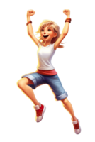 Ai Generated white kid girl dancing, jumping in joy raising hands and laughing, isolated illustration, transparent background png