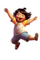 AI Generated Asian kid girl dancing, jumping in joy raising hands and laughing, isolated illustration, cartoon style character, transparent background png