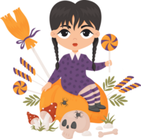 Halloween girl on pumpkin with candies and skull png