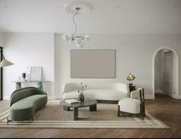 Living room interior design in white theme, sofa and table wall painting frame 3D rendering photo