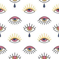 Esoteric magic eyes seamless pattern on white background. Colored evil eye icons with eyelashes and tear in flat style. Vector illustration