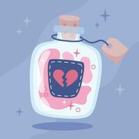 Pink magic love potion in a glass bottle with a stopper and label, illustration in flat cartoon style. Witchcraft Halloween which attributes. Vector illustration