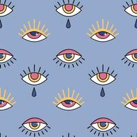 Esoteric magic eyes seamless pattern on lilac background. Colored evil eye icons with eyelashes and tear in flat style. Vector illustration