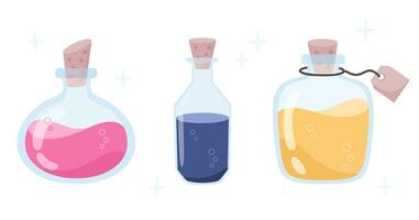 Elixir, potions bottles in cartoon flat style. Set of bottles with colored liquids, design elements magic tools. Vector illustration