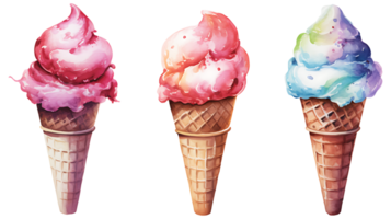 Realistic cute watercolor summer ice cream set on transparent background. ice cream png bundle AI generated