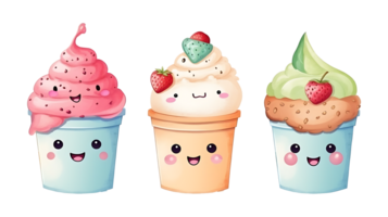 Watercolor cup ice cream set on transparent background. Cartoon ice cream png bundle AI Generated