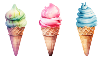 Realistic cute watercolor summer ice cream set on transparent background. ice cream png bundle AI generated