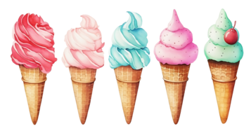 Realistic cute watercolor ice cream set on transparent background. ice cream png bundle AI generated