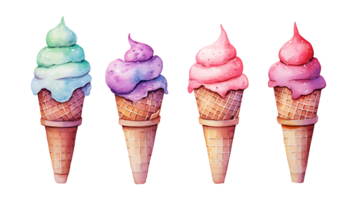 Realistic cute watercolor summer ice cream set on transparent background. ice cream png bundle AI generated