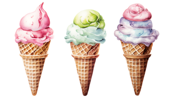 Realistic cute watercolor summer ice cream set on transparent background. ice cream png bundle AI generated