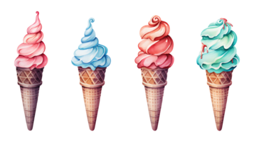 Realistic cute watercolor summer ice cream set on transparent background. ice cream png bundle AI generated