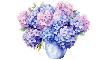 vattenfärg hortensia blommor med vas isolerat på transparent bakgrund. hortensia blomma png ai genererad