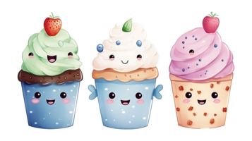 Watercolor cup ice cream set on transparent background. Cartoon ice cream png bundle AI Generated