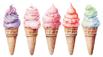 Realistic cute watercolor summer ice cream set on transparent background. ice cream png bundle AI generated