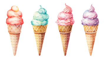 Realistic cute watercolor summer ice cream set on transparent background. ice cream png bundle AI generated