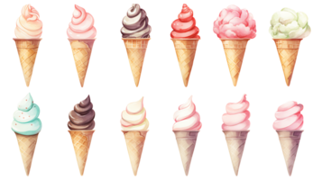 Realistic cute watercolor summer ice cream set on transparent background. ice cream png bundle AI generated