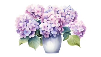 Watercolor hydrangea flowers with vase isolated on transparent background. hydrangea flower png ai generated