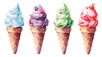 Realistic cute watercolor summer ice cream set on transparent background. ice cream png bundle AI generated