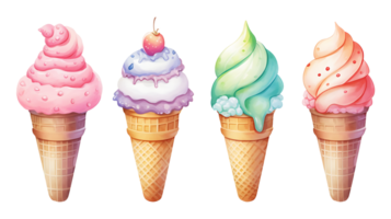 Realistic cute watercolor ice cream set on transparent background. ice cream png bundle AI generated