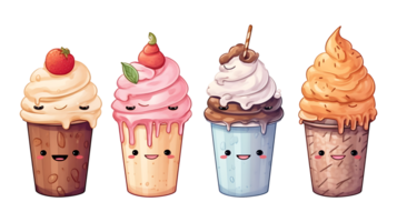 Watercolor cup ice cream set on transparent background. Cartoon ice cream png bundle AI Generated