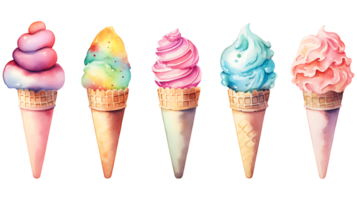 Realistic cute watercolor summer ice cream set on transparent background. ice cream png bundle AI generated