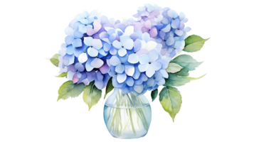 Watercolor hydrangea flowers with vase isolated on transparent background. hydrangea flower png ai generated