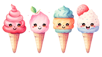 Realistic cute watercolor ice cream set on transparent background. Cartoon ice cream png bundle AI generated