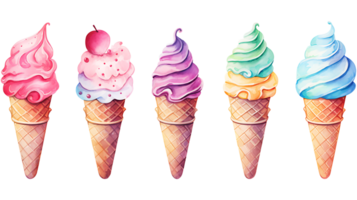 Realistic cute watercolor ice cream set on transparent background. ice cream png bundle AI generated