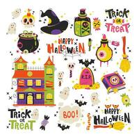 Set of cartoon Halloween elements and lettering. Happy Halloween. Trick or treat. vector