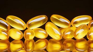 Bunch of omega 3 fish liver oil capsules in row forming pattern background. Healthy every day nutritional supplement. Flat lay, Generative AI photo